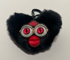 Faux Fur Puff Keychain Furby Face Heart Black