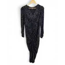 Express Black Sequin V-Neck Puff Sleeve Ruched Midi Dress Large