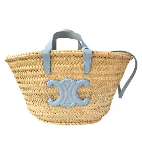 CELINE Teen Triomphe Classic Panier Straw Basket Bag Light Blue Auth