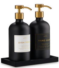 Glass Soap Dispenser Set of 2 Black with Silicone Tray  Hand and Dish Soap...