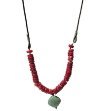 Boho Handmade Red Disc Beads Green Stone Pendant Necklace Fashion Jewelry Women
