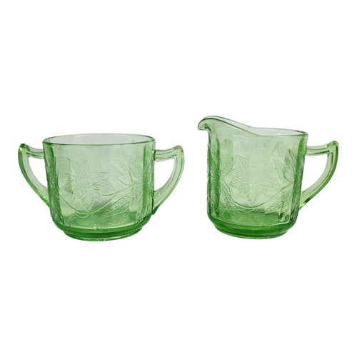 JEANNETTE Floral Pattern Green Depression Glass Open Sugar & Cream ca 1931-35 - 第 2/7 張圖片