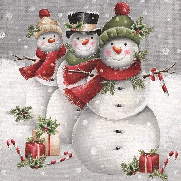 4 x Single Napkin/3Ply/33cm/Decoupage/Christmas/Three Smiling Snowmen