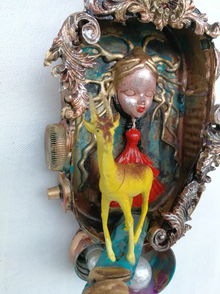 art assemblage modern original sculpture mixed media painting animals dolls goat - Image 2 of 4