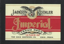 JACKSON KOEHLER IMPERIAL CREAM BEER BOTTLE LABEL 12 OZ - VINTAGE - UNUSED