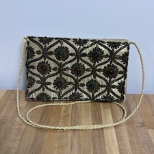 Vintage 1960s Embellished Evening Purse Beaded Gilt Metal Thread Long Strap Bag