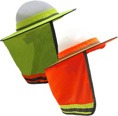 Casco de seguridad naranja con visera y sombra para cuello