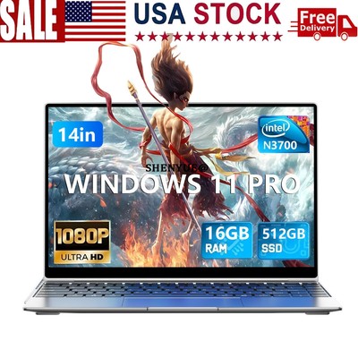 NEW 14'' Laptop PC-Intel Celeron N3700-16GB RAM- 512GB SSD Windows 11 Pro WiFi US