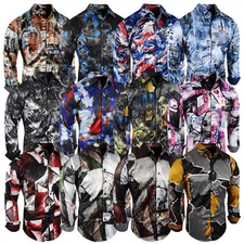 Designer Mens Shirt Italian Abstract Panel Murals Silky Stretch Slim Fit Button