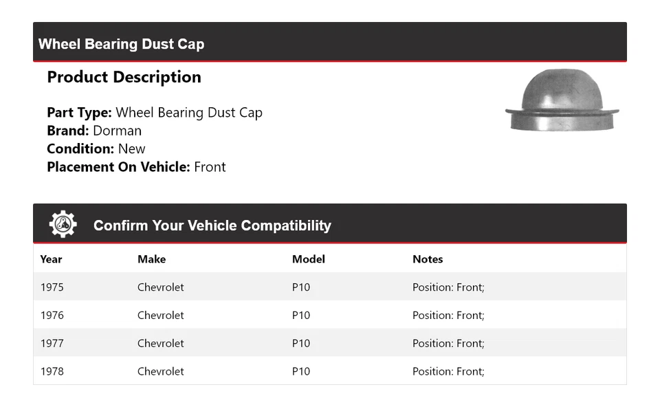 Tapa antipolvo para cojinete de rueda delantero 1976 1977 Chevrolet P10 Dorman 1975-1978 Foto 2 de 4
