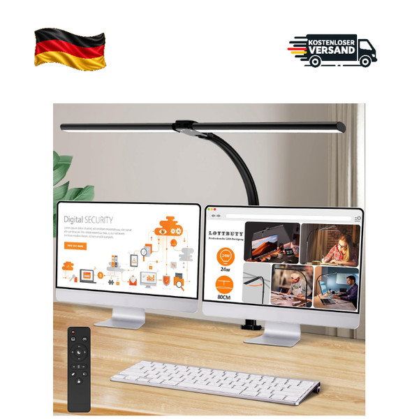 Doppelkopf Schreibtischlampe LED 24W 80CM Mit Schwanenhals, Schwarz, Klemmbar-image