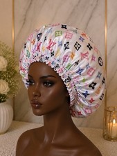 Women's Satin Hair Bonnet Sleep Cap Multicolor/White Logo Print Elastic One Size