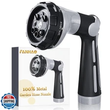FANHAO Garden Hose Nozzle Heavy Duty, 100% Metal Water Hose Sprayer with 8 Sp