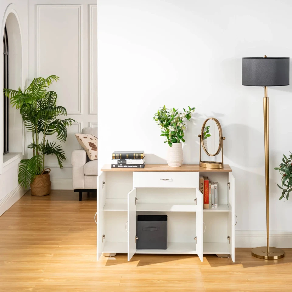 Homy Casa BAFFI 43” Aparador Branco Armário Buffet com Gaveta 4 Portas Tampo de Carvalho - Imagem 3 de 4