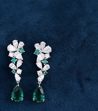 Pear Cut Simulated Green Emerald Drop/Dangle Earrings In 14k White Gold Plated