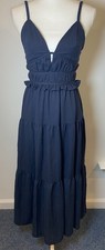 NWOT En Saison Midi Dress Spaghetti Strap Tiered Deep V Navy Blue Small S New