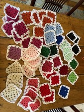 Lot of 59 Crochet Afghan GRANNY SQUARES Blocks 4  Purple Center White Border.