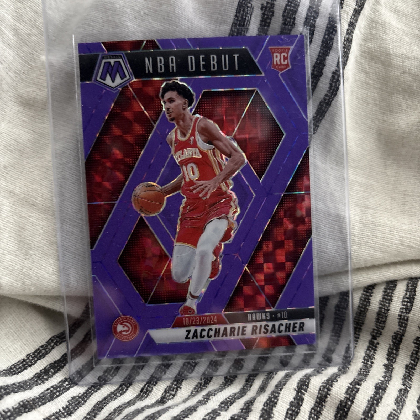 2024-25 Mosaic Zaccharie Risacher RC Purple Fluorescent NBA Debut #202/249 Hawks