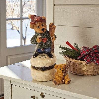 VTG Bearware Pottery Nordic Skiing Teddy Bear Porcelain Trinket Box & Baby 4.25''
