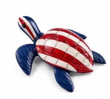 Hand Carved Wooden Sea Turtle Figurine, Vingtage White/Red/Blue Sea Turtle