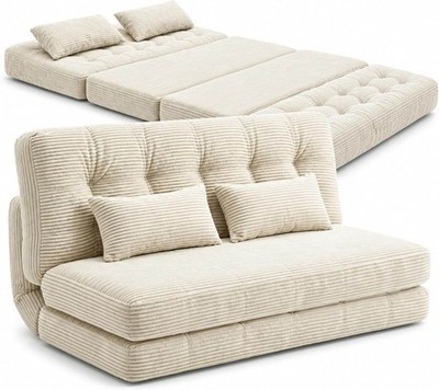 Convertible Fold Out Sofa Bed Futon 2-Person Corduroy Tufted Cream Beige Compact