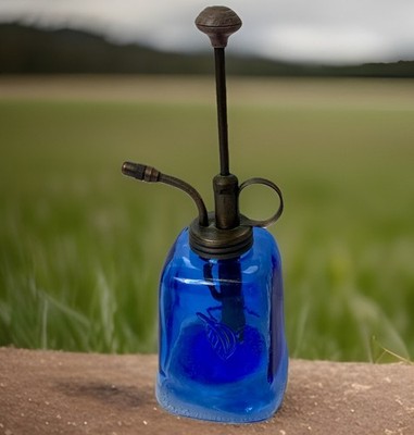 Vintage Mister Bottle Cobalt Blue Glass Can Pump Spray Copper / Brass Pump