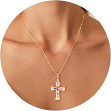 14K Gold Plated Dainty Cross Necklace for Women, Non Tarnish Cross Silver Pendan
