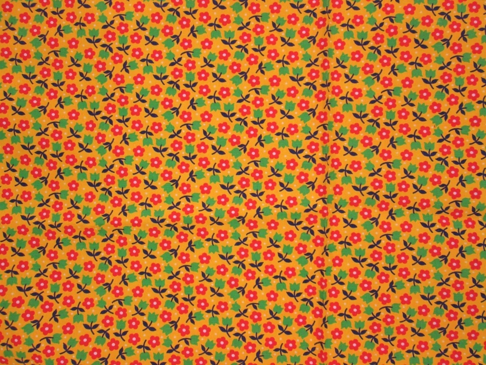 Tela Floral Vintage Años 70 Ditsy Calico Amarillo Mostaza Rojo Margarita Verde Tulipán Boho Foto 2 de 3