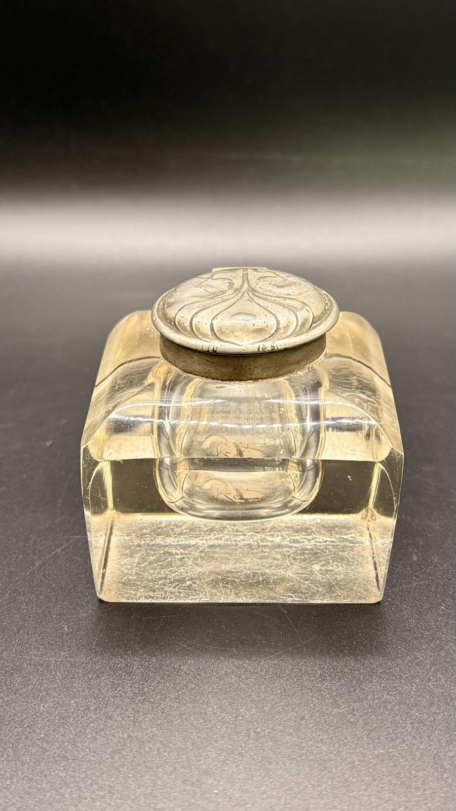 Vintage Glass Inkwell with Ornate Art Nouveau – 6.5cm Square Desk Ink Pot