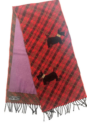 Vintage Woolmark Pure New Wool 11'' x 52'' plaid Scottie Dog Scarf Made in France