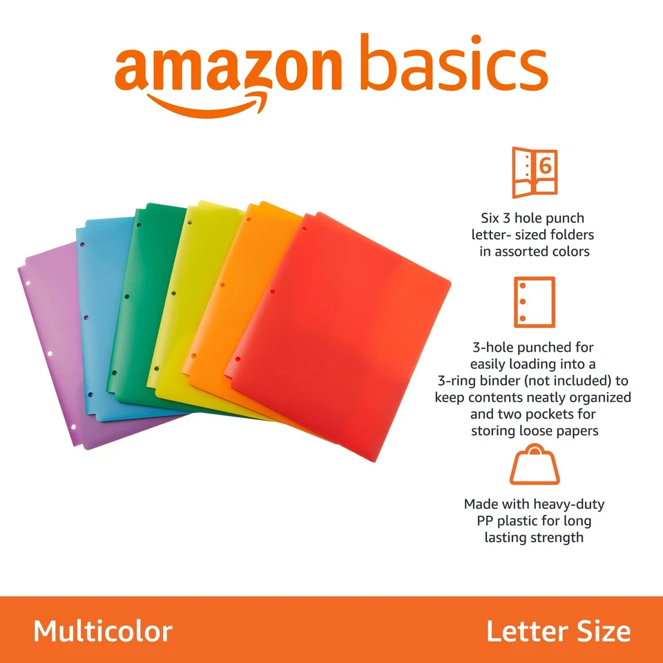 Amazon Basics Plastic 3-Hole Punch File Folders with 2 6-Pack, Assorted Color - Image 2 of 4