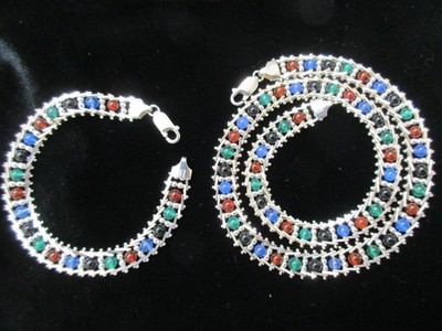VINTAGE STERLING SILVER(2) MULTI COLOR BEAD MILOR NECKLACE & BRACELET SET- 37.4g