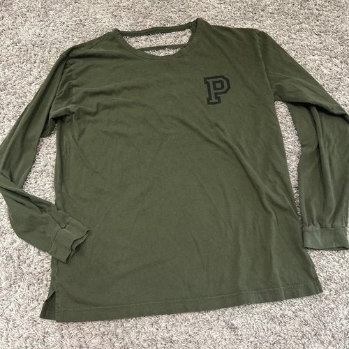 PINK Victoria's Secret Long Sleeve P Graphic Cutout Back T Shirt  Large Olive