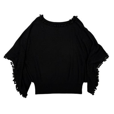 Michael Simon Poncho Top XL Black Jacquard Knit Pom Pom Trim Batwing Sleeve