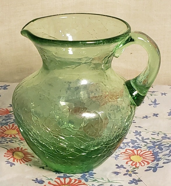 Vintage Hand Blown Green Crackle Glass 2.5" Mini Pitcher Vase eBay
