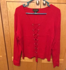 Metro Style Red Criss Cross Lace Up Top Womens Large Long Sleeve Fall Fashion