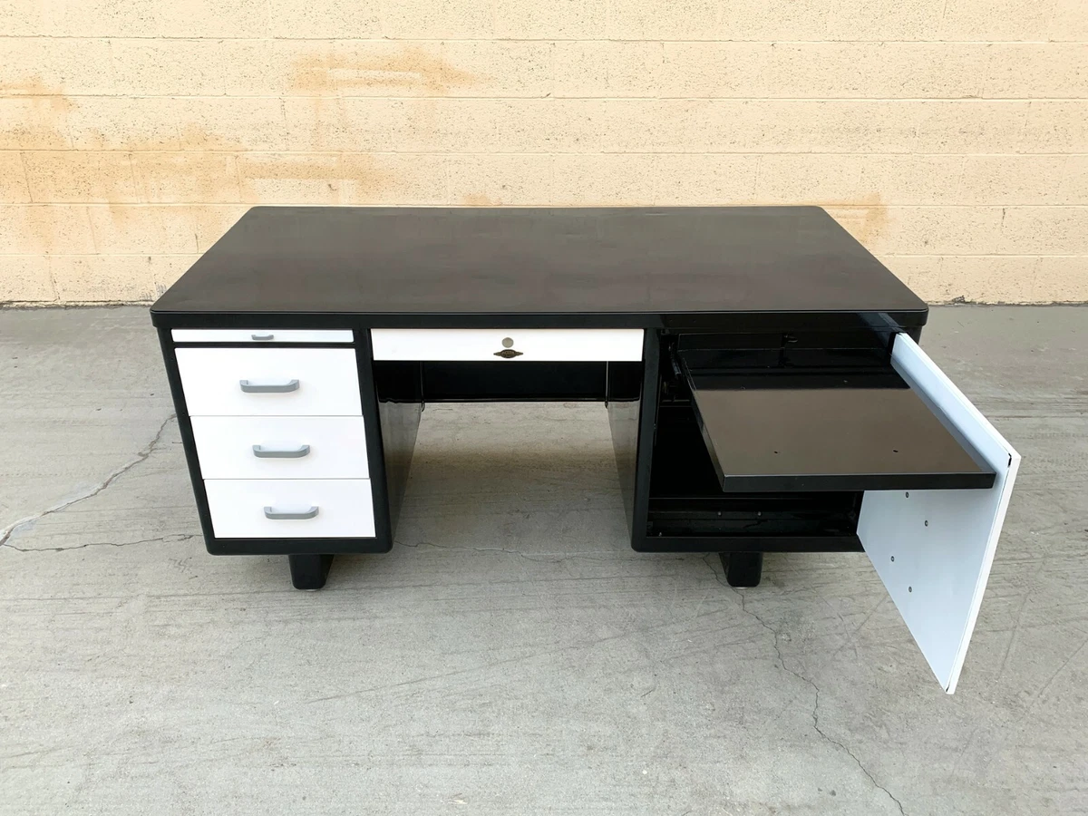 1960s Steelcase Tanker Desk, Refinished In Black On Black, 46 OFF