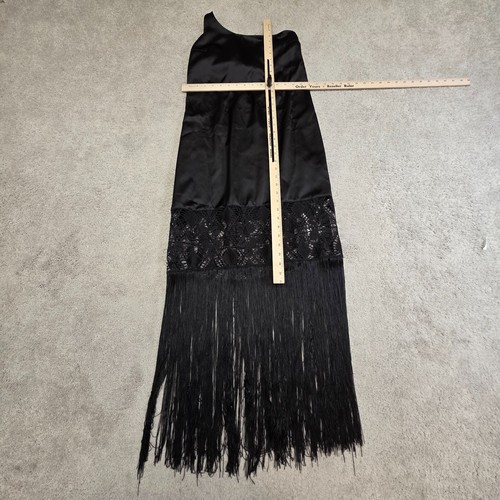 Topshop One Shoulder Black Satin Fringe Trim Midi Dress Cocktail Flapper 8 NEW - Picture 7 of 12