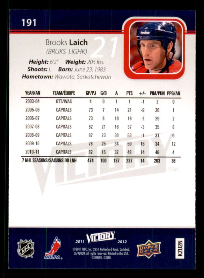 2011-12 Upper Deck Victory #191 Brooks Laich Washington Capitals - Image 2 of 2