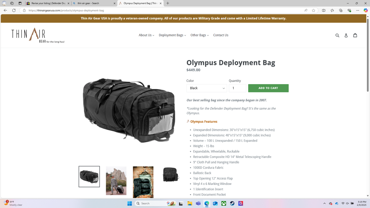 USGI Defender Deployment Bag by Thin Air Gear | eBay