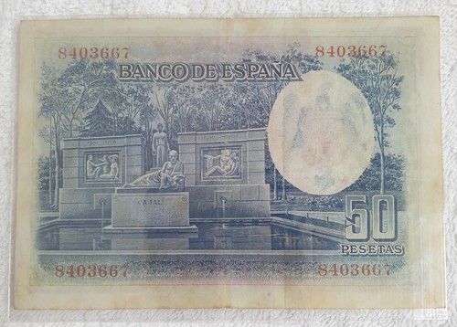 Scarce Rare Vintage 1935 Spain Commemorative 50 Pesetas Banknote - aUNC - Picture 2 of 2