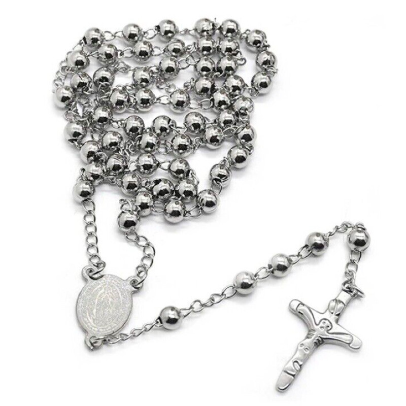 ROSENKRANZ EDELSTAHL HERRENKETTE KETTE HERREN KREUZ JESUS PERLEN SILBER DAMEN