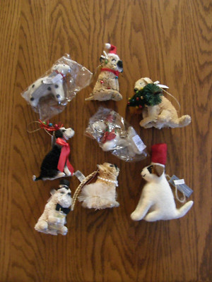 Set 8:Pottery Barn Felt & Bottle Brush Dog Christmas Ornaments-Feliz Naughty,Pug