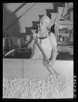 Photo:Dairy Worker Mixing Curd 1930s White Hat Apron Milk Processing