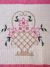 Vintage Embroidered Quilt Hand Quilted 74" x 76" Pink White Basket Flowers