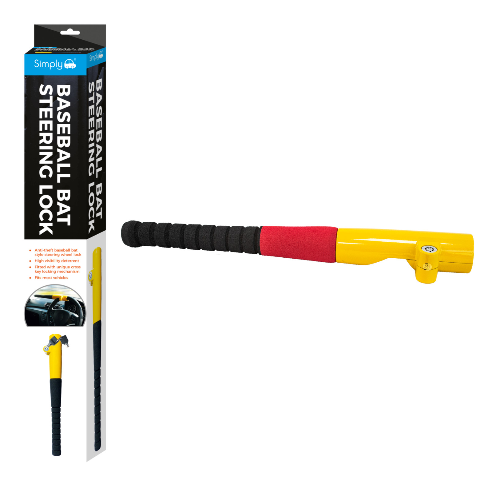Simply Auto Baseball Steering Lock Heavy-Duty Anti-Theft Device Most Vehicles
