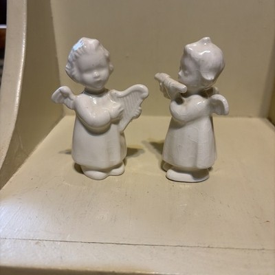 GOEBEL WHITE ANGELS PLAYING FLUTE & HARP HX229E Porcelain German 2-3/4'' VINTAGE