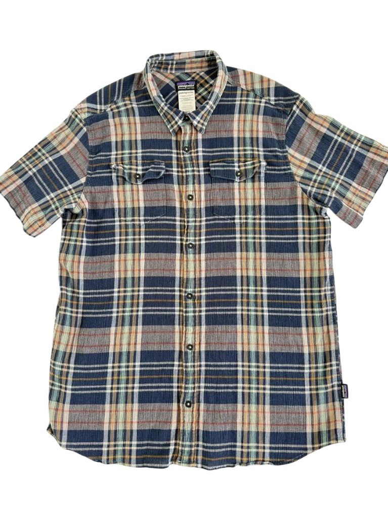 Patagonia Blue Plaid Organic Cotton Mens S Hiking Active SS Button Down Up Shirt