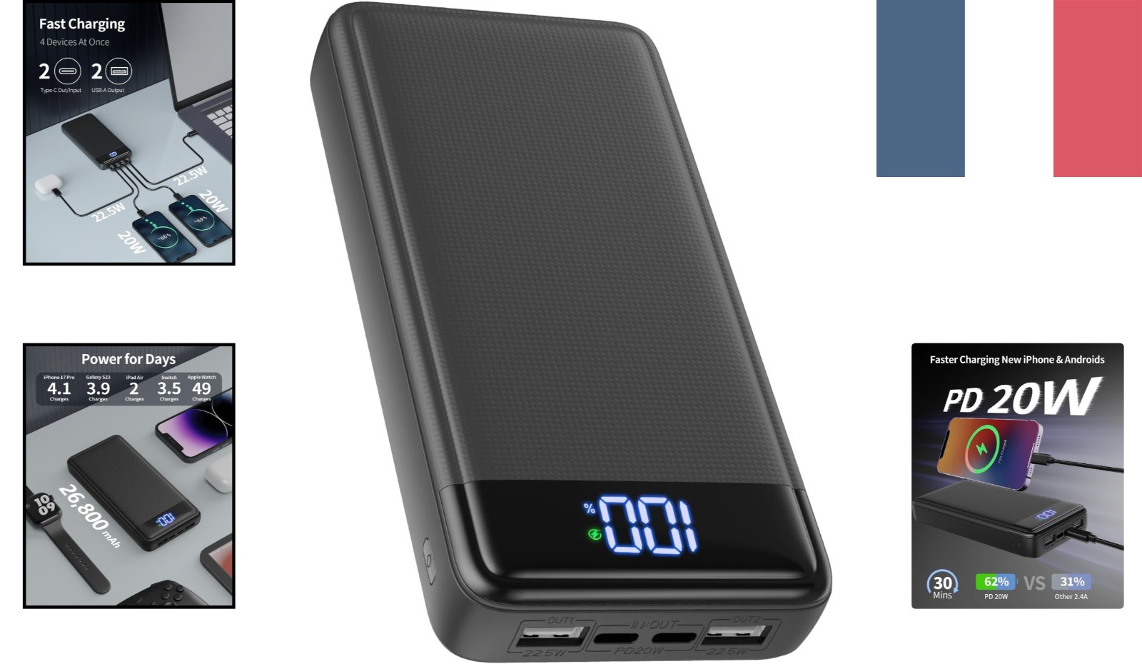 Batterie externe 26800mAh résout le manque d'énergie avec USB C rapide 22.5W - 2