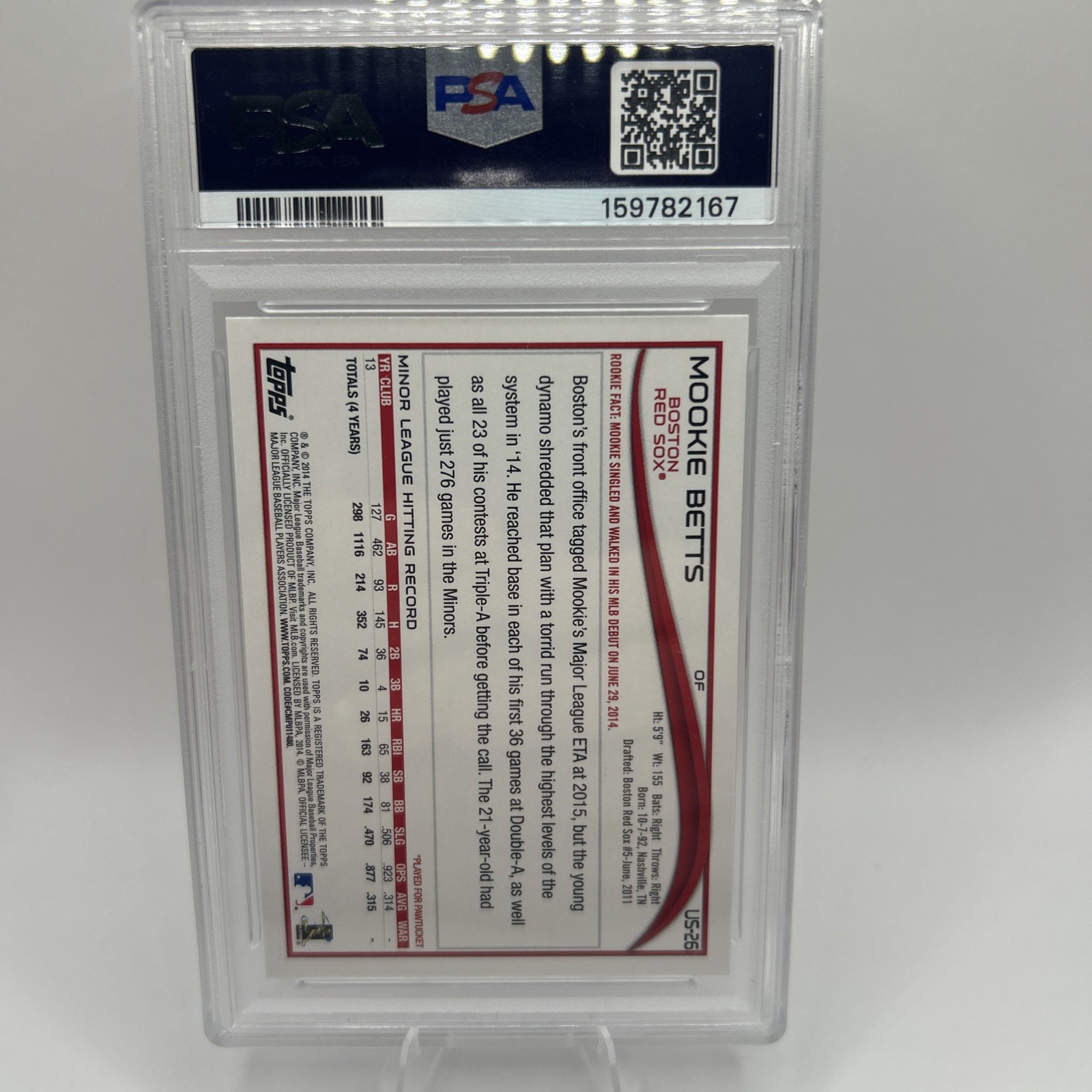 2014 Topps Update Mookie Betts RC PSA 10 Red Sox view 2